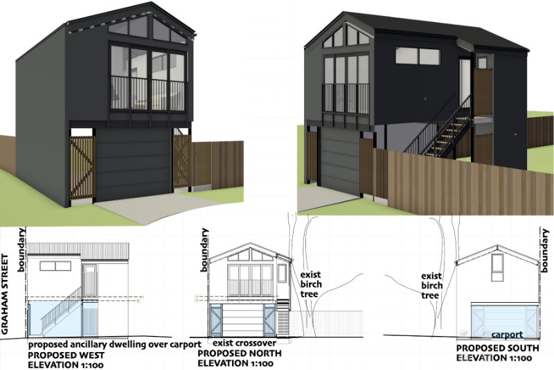 images of charcoal gable roofed ancillary dwelling granny flat over carport on street boundary