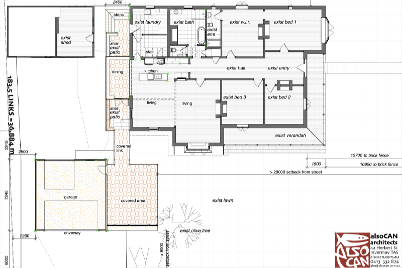 ground floor plan of federation red brick house with timber garage and outdoor room addition