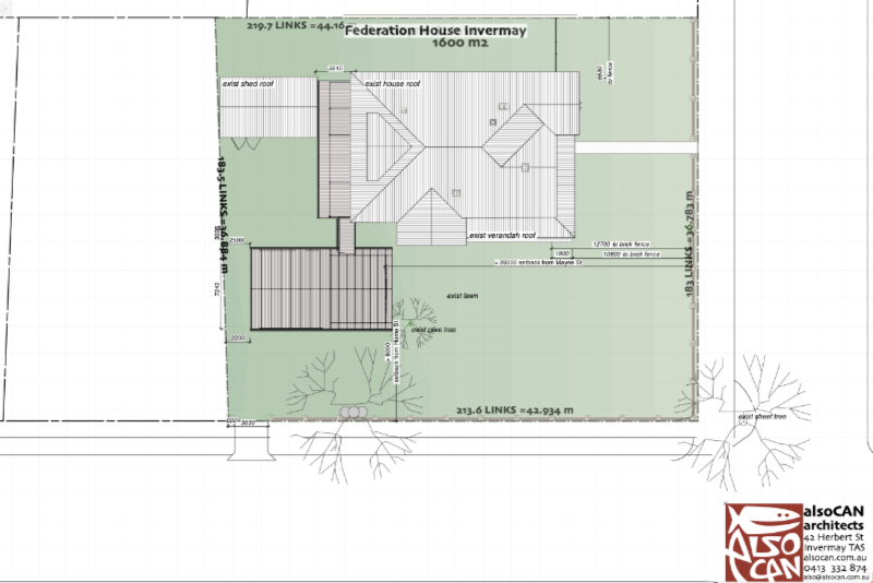 site plan of federation red brick house with timber garage and outdoor room addition