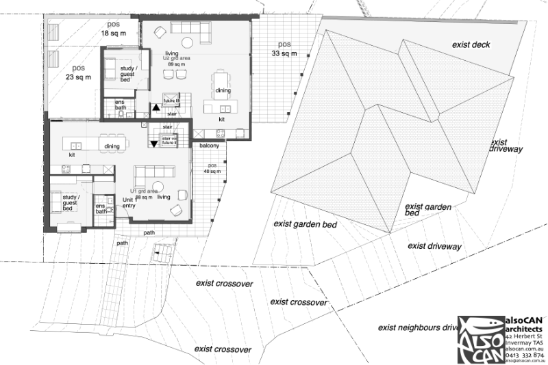 first floor plan drawings showing roof of existing house and living areas of two units