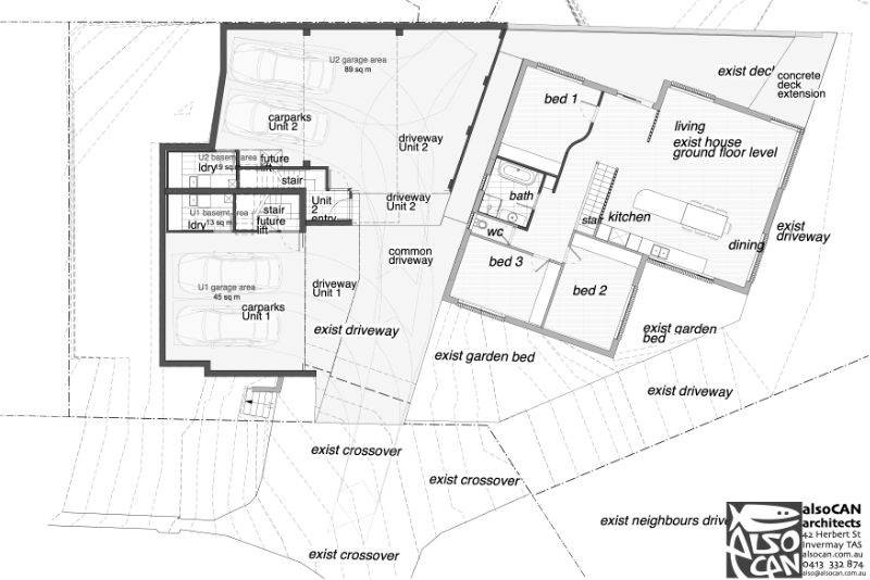 ground floor plan drawings showing an existing house kitchen and bathroom renovations and garages for two units with laundries and entry stairs