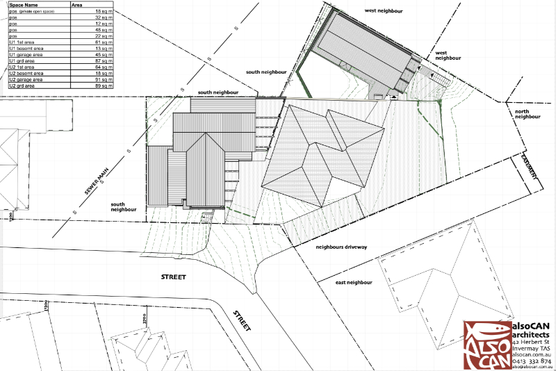 site plan drawing on street bend looking down on roofs
