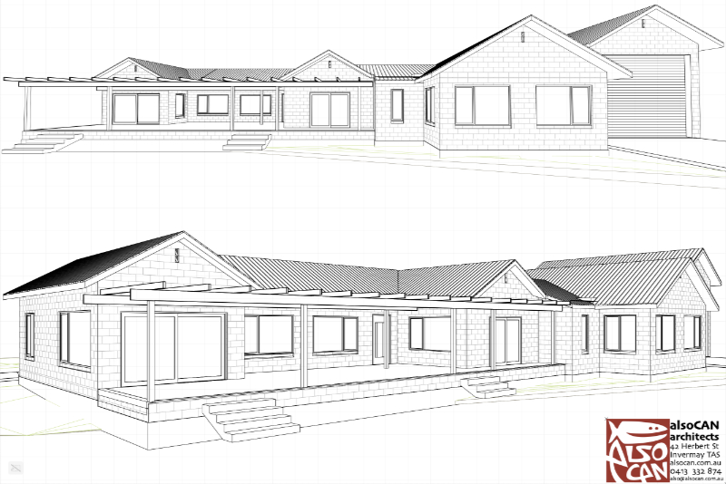 line drawing perspectives of large holiday house with multiple bays
